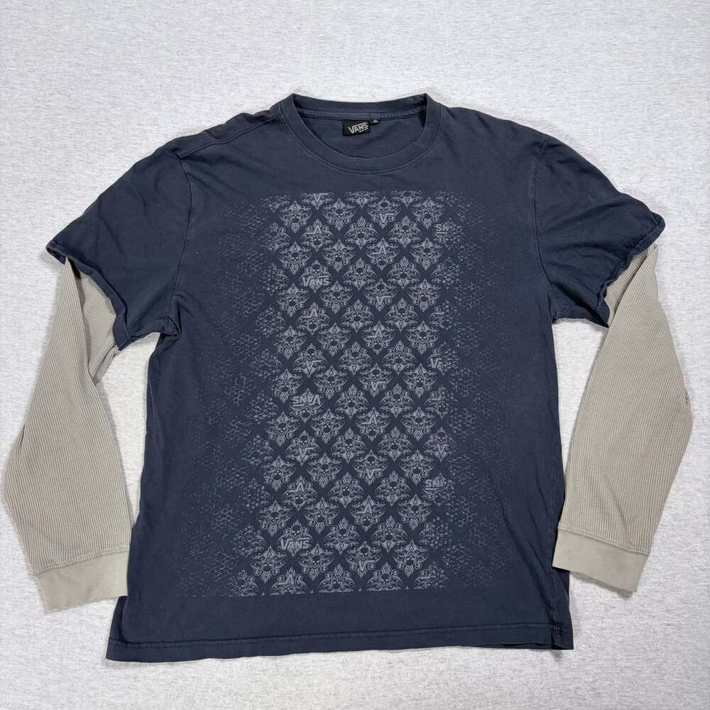 Vans Skull Damask Layered Long Sleeve T-Shirt Size XXL Gray Graphic